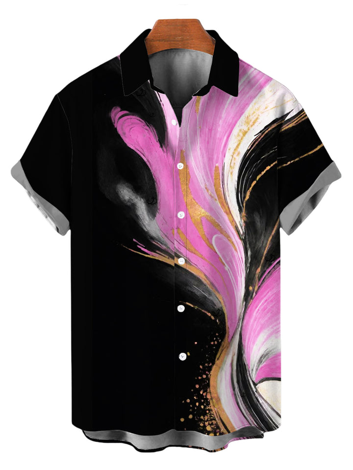 Men's Abstract Metallic Gold Ink Wash Print Button Up Vacation Shirt