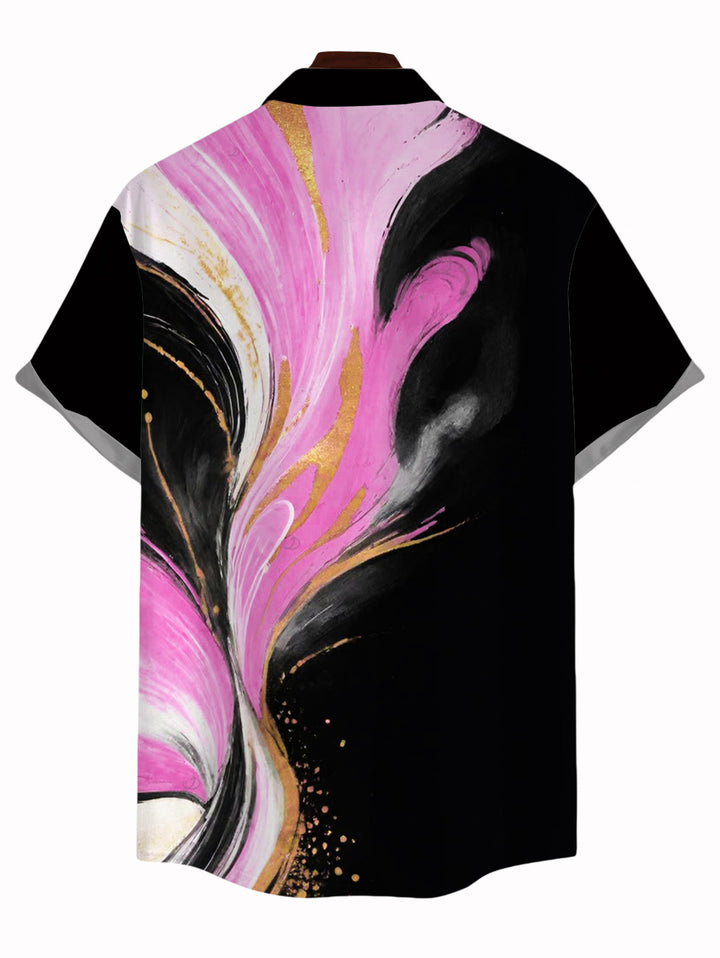 Men's Abstract Metallic Gold Ink Wash Print Button Up Vacation Shirt