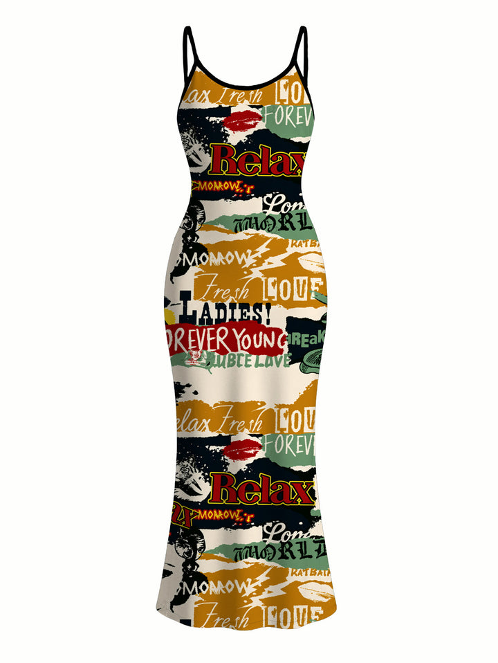 Vintage Graffiti Letter Lips Print Spaghetti Strap Maxi Bodycon Streetwear Dress