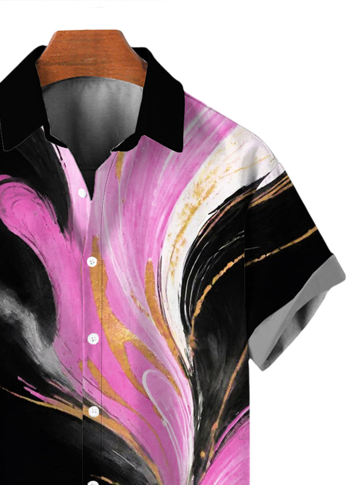 Men's Abstract Metallic Gold Ink Wash Print Button Up Vacation Shirt