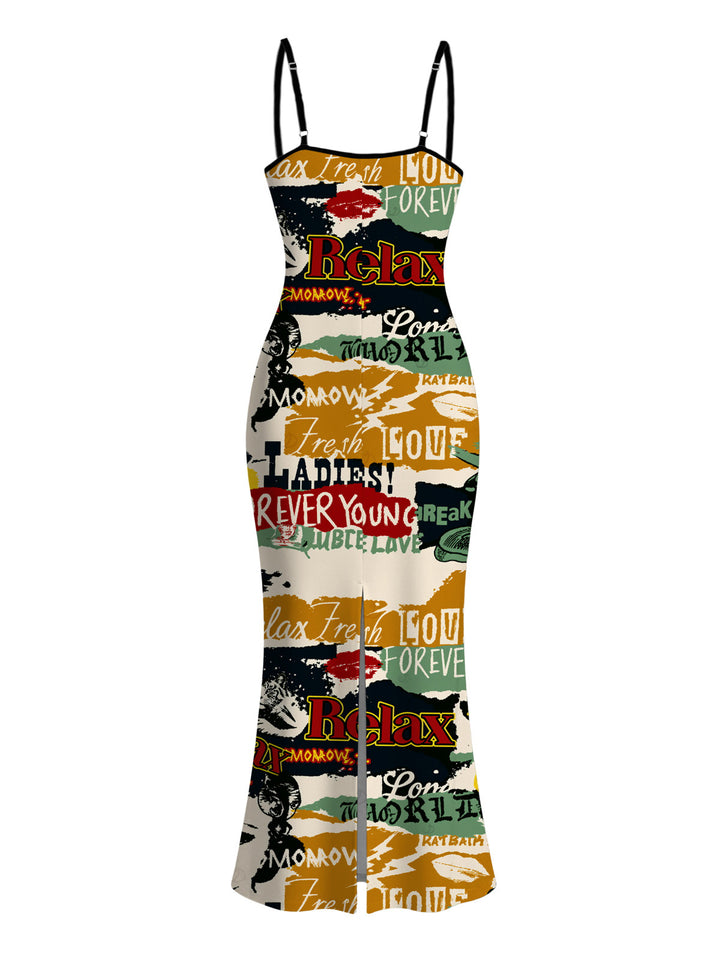 Vintage Graffiti Letter Lips Print Spaghetti Strap Maxi Bodycon Streetwear Dress