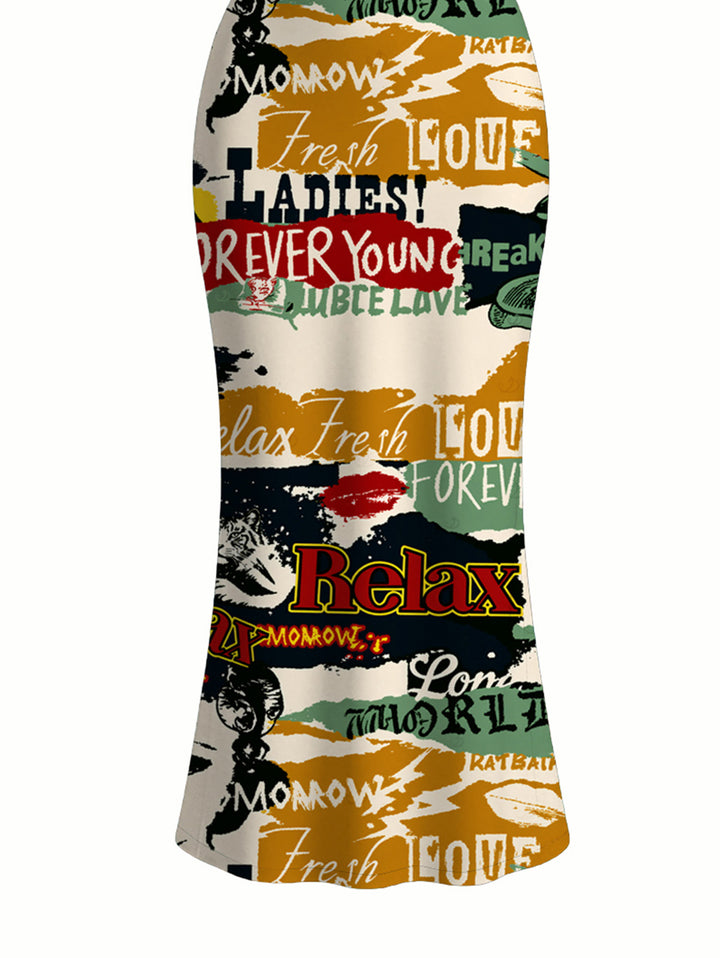 Vintage Graffiti Letter Lips Print Spaghetti Strap Maxi Bodycon Streetwear Dress
