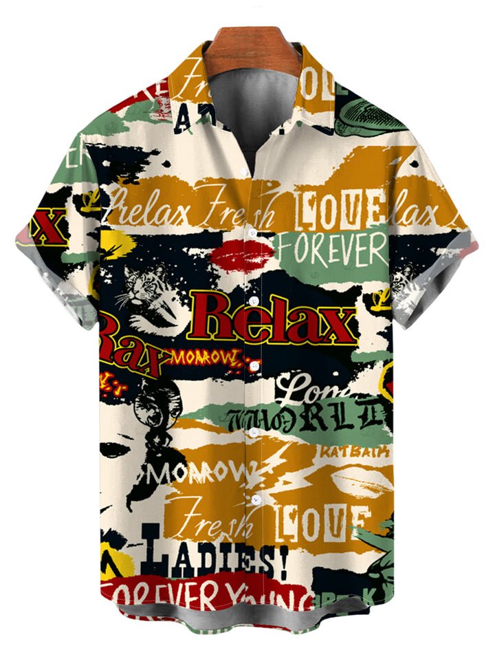 Men's Vintage Graffiti Letter Lips Print Button Up Streetwear Shirt