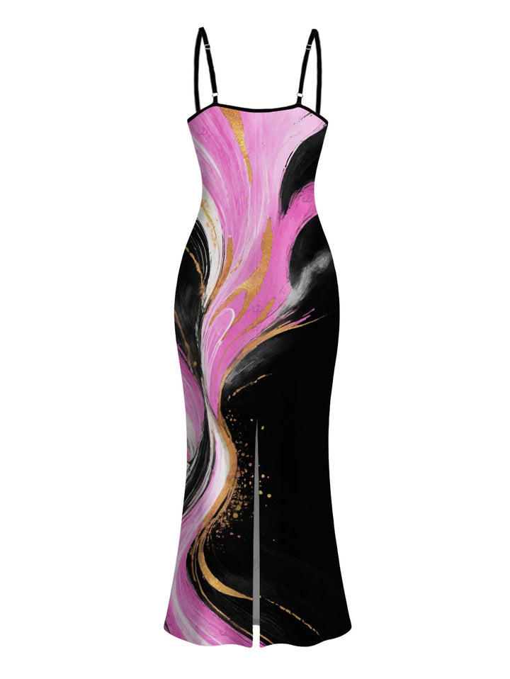 Abstract Metallic Gold Ink Wash Print Spaghetti Strap Maxi Bodycon Vacation Dress