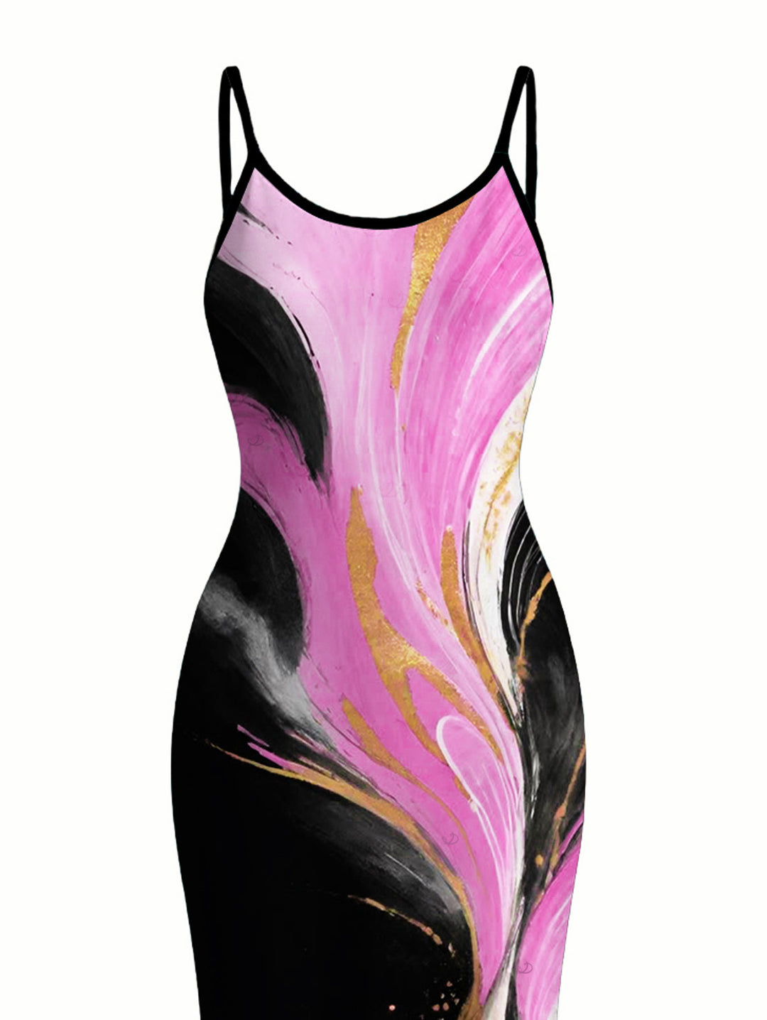 Abstract Metallic Gold Ink Wash Print Spaghetti Strap Maxi Bodycon Vacation Dress