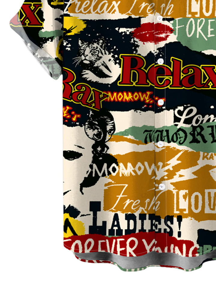 Men's Vintage Graffiti Letter Lips Print Button Up Streetwear Shirt