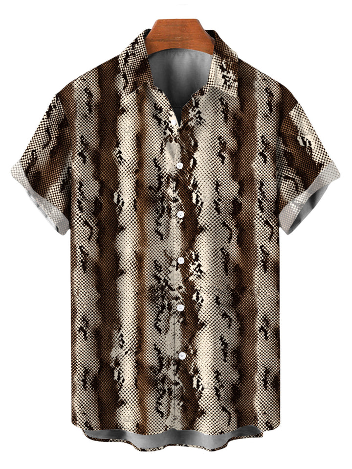 Men's Vintage Coffee Snake Skin Print Button Up Vacation Shirt
