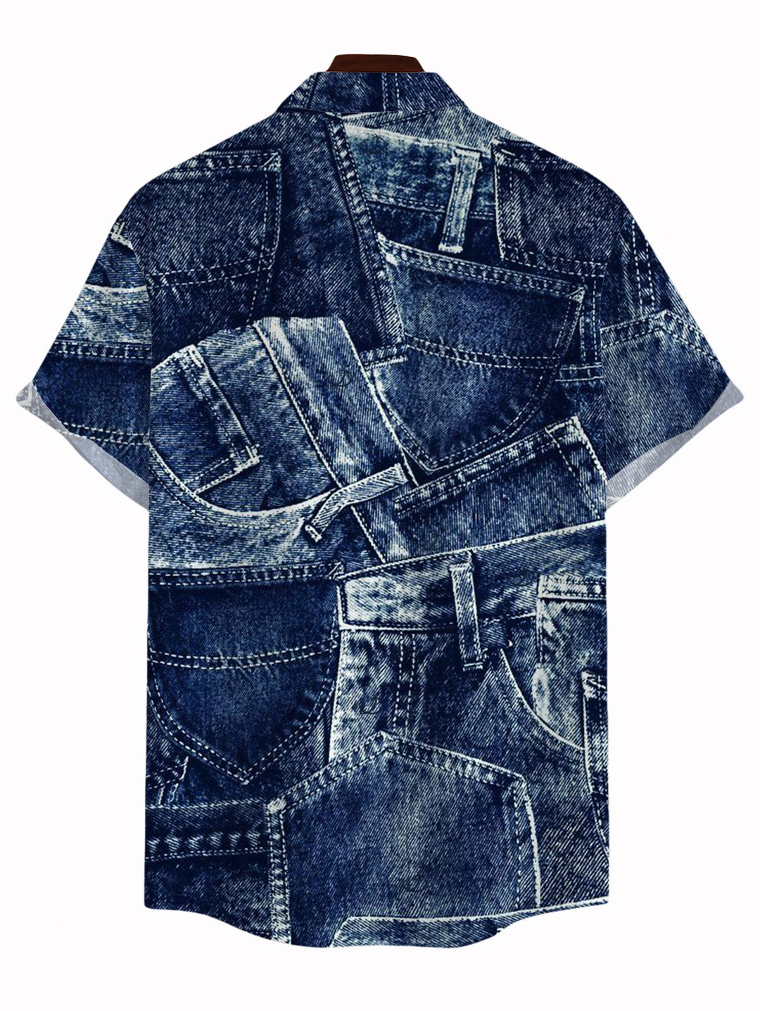 Men's Faux Demin Patchwork Print Button Up Vacation Shirt
