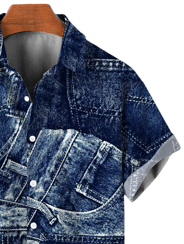 Men's Faux Demin Patchwork Print Button Up Vacation Shirt