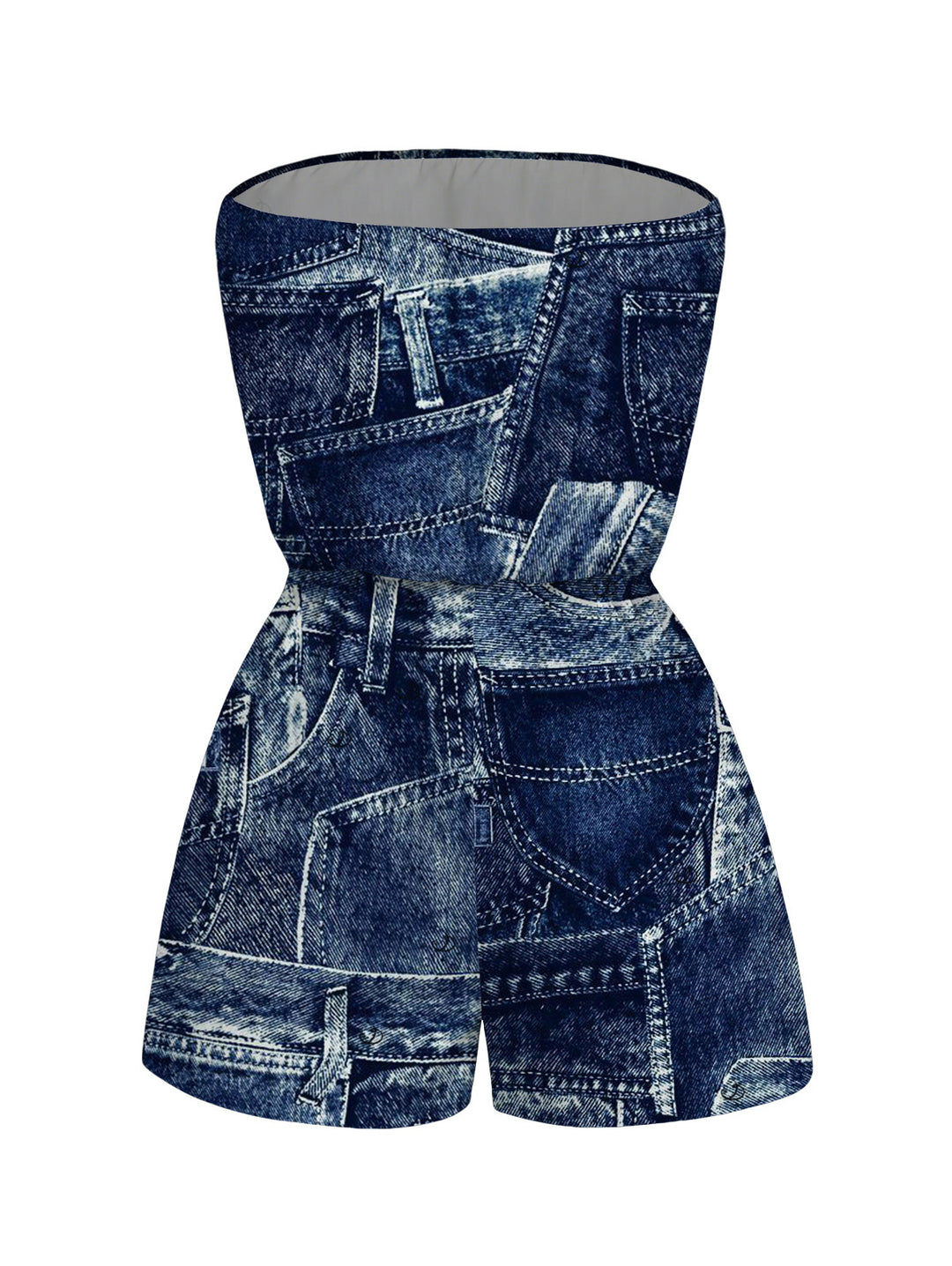 Faux Demin Patchwork Print Pocket Off the Shoulder Vacation Romper