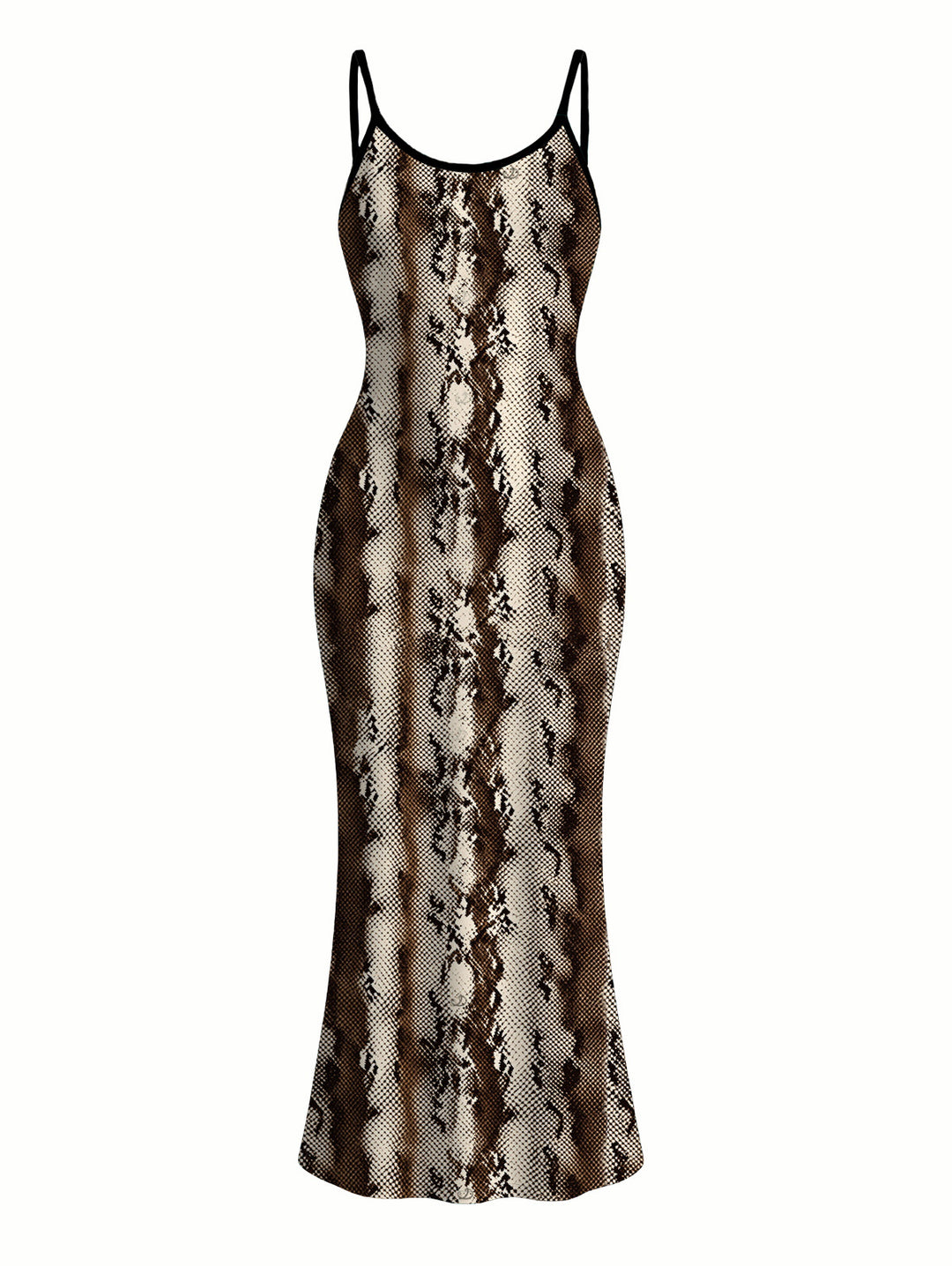 Vintage Coffee Snake Skin Print Spaghetti Strap Maxi Bodycon Vacation Dress