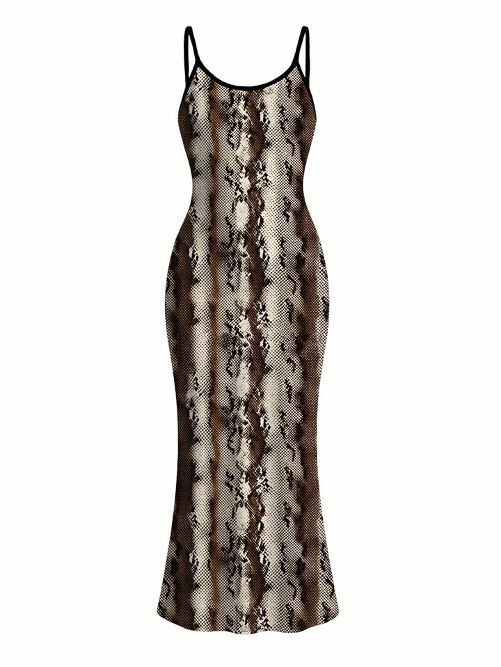 Vintage Coffee Snake Skin Print Spaghetti Strap Maxi Bodycon Vacation Dress