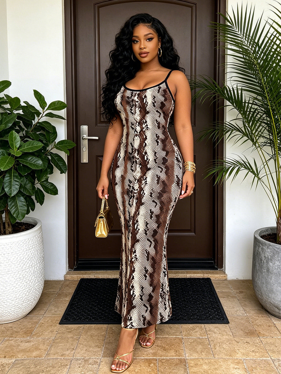 Vintage Coffee Snake Skin Print Spaghetti Strap Maxi Bodycon Vacation Dress