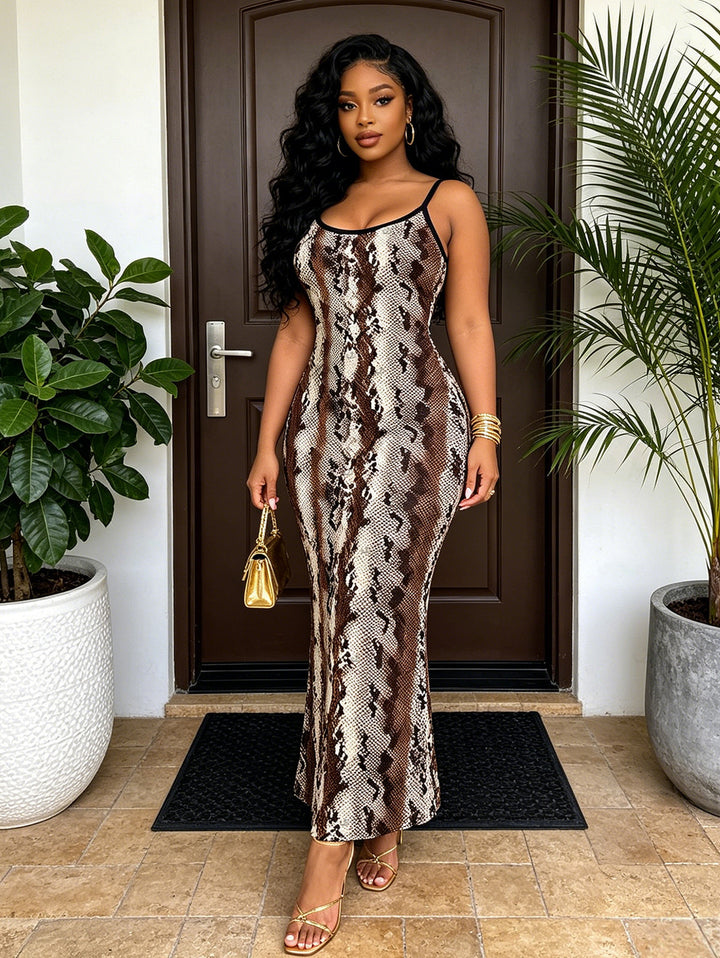 Vintage Coffee Snake Skin Print Spaghetti Strap Maxi Bodycon Vacation Dress