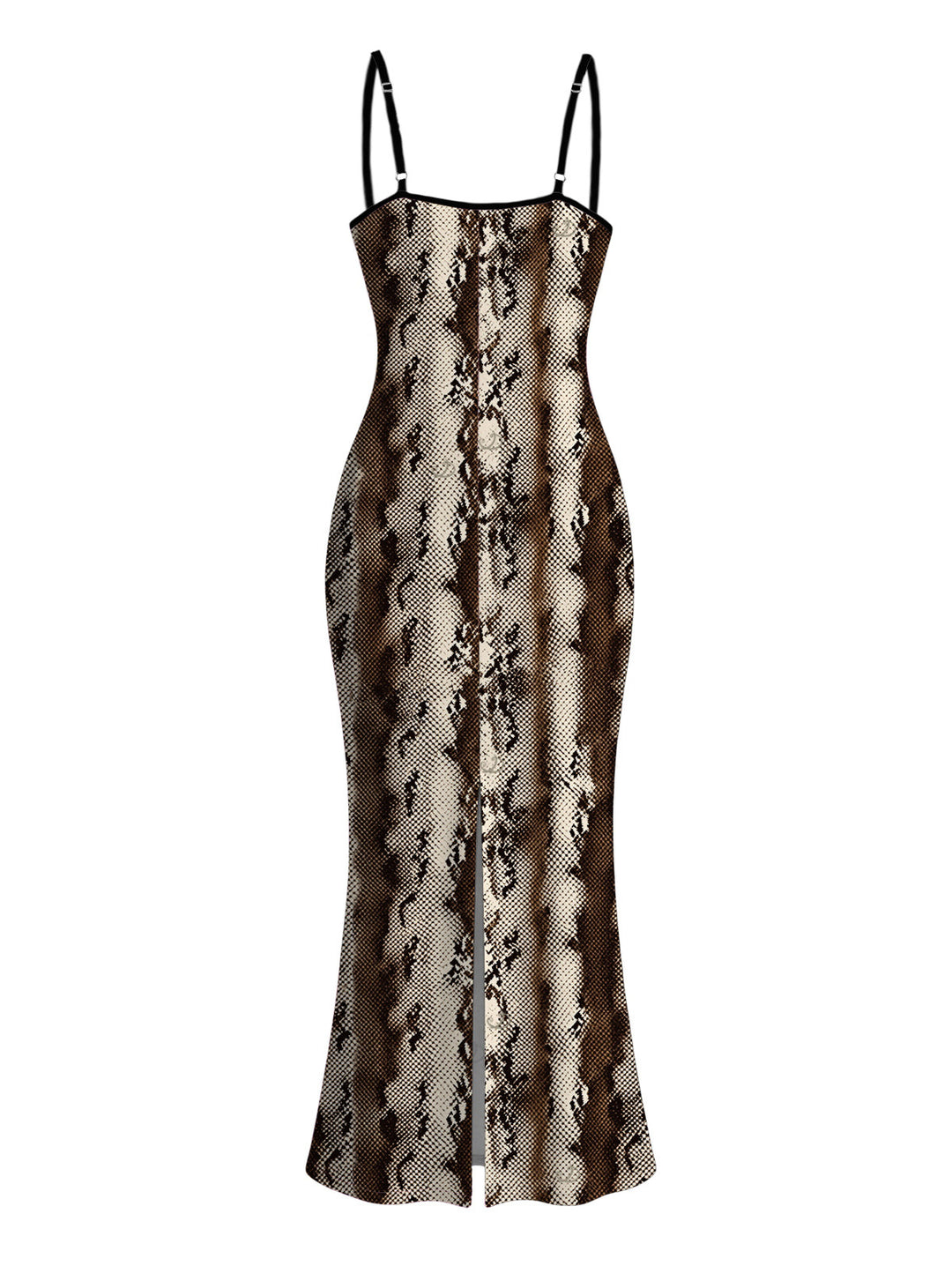 Vintage Coffee Snake Skin Print Spaghetti Strap Maxi Bodycon Vacation Dress