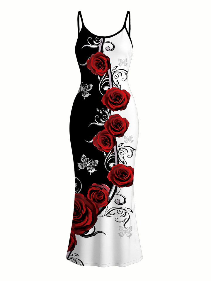 Contrast Color Butterfly Rose Print Spaghetti Strap Maxi Bodycon Vacation Dress