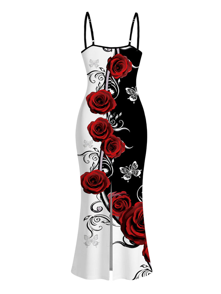 Contrast Color Butterfly Rose Print Spaghetti Strap Maxi Bodycon Vacation Dress