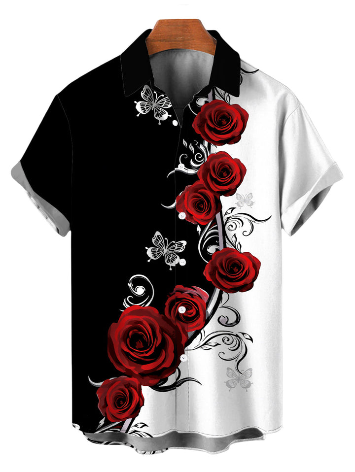 Men's Contrast Color Butterfly Rose Print Button Up Vacation Shirt