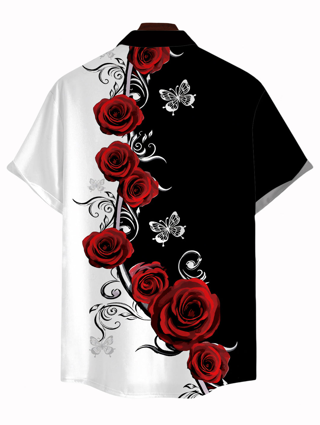 Men's Contrast Color Butterfly Rose Print Button Up Vacation Shirt