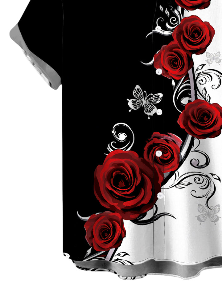 Men's Contrast Color Butterfly Rose Print Button Up Vacation Shirt