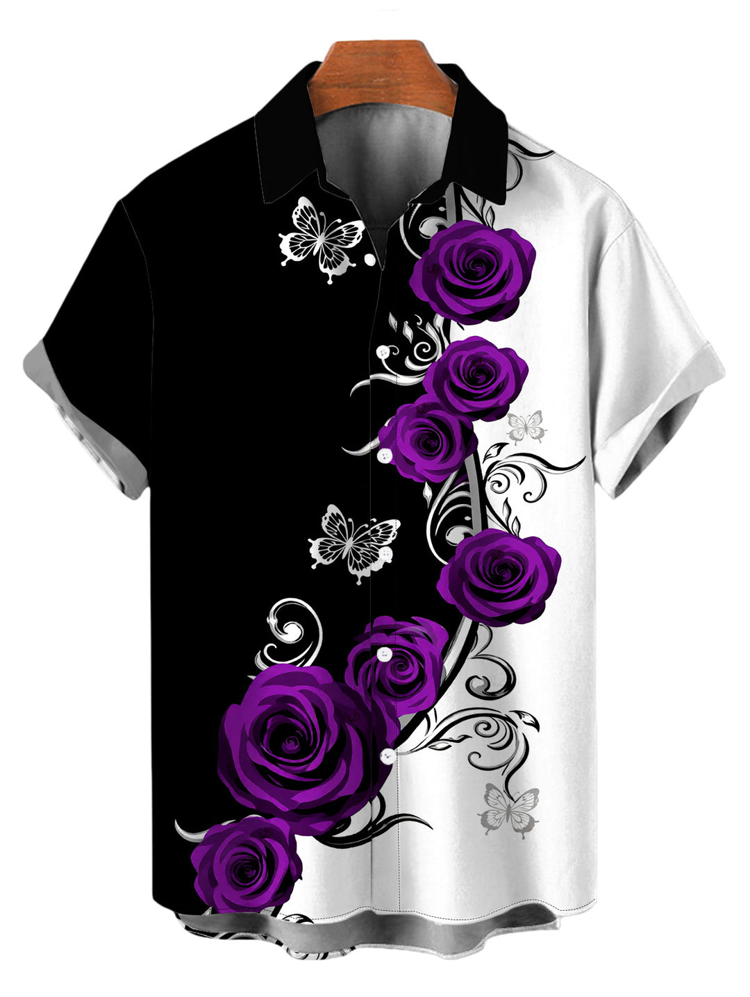 Men's Contrast Color Butterfly Rose Print Button Up Vacation Shirt