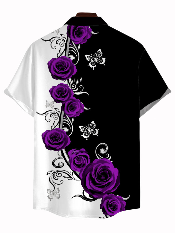 Men's Contrast Color Butterfly Rose Print Button Up Vacation Shirt