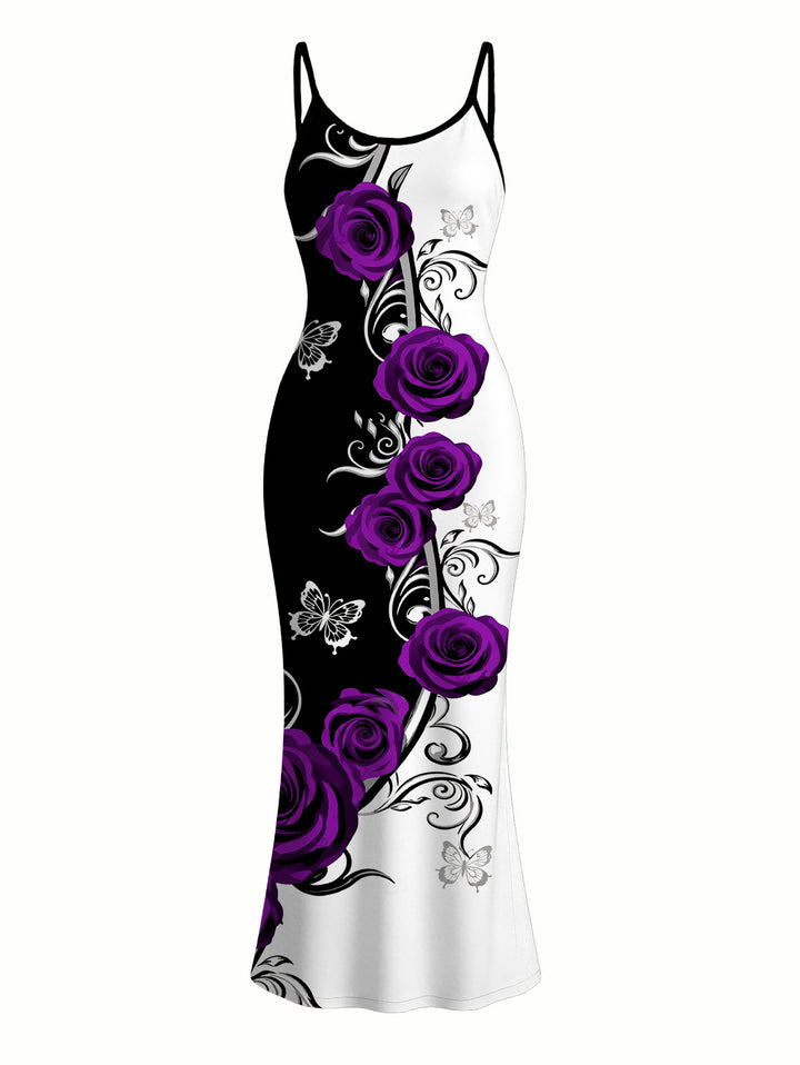 Contrast Color Butterfly Rose Print Spaghetti Strap Maxi Bodycon Vacation Dress
