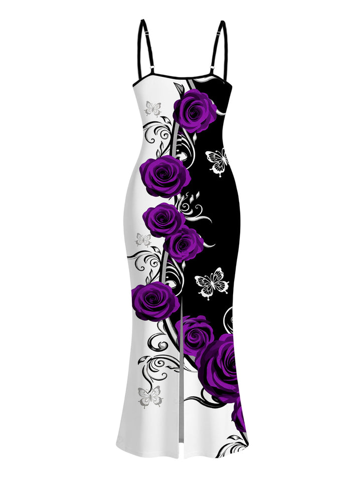 Contrast Color Butterfly Rose Print Spaghetti Strap Maxi Bodycon Vacation Dress