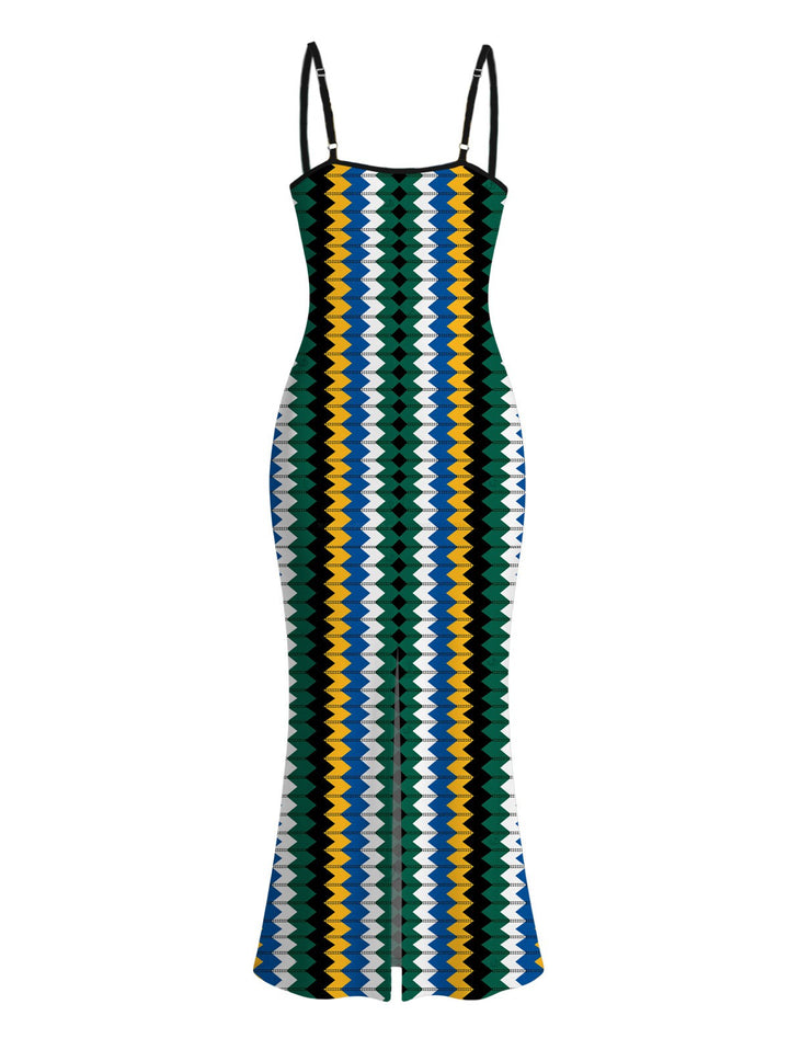 Colorblock Zig Zag Print Bodycon Mermaid Maxi Hawaiian Vacation Dress