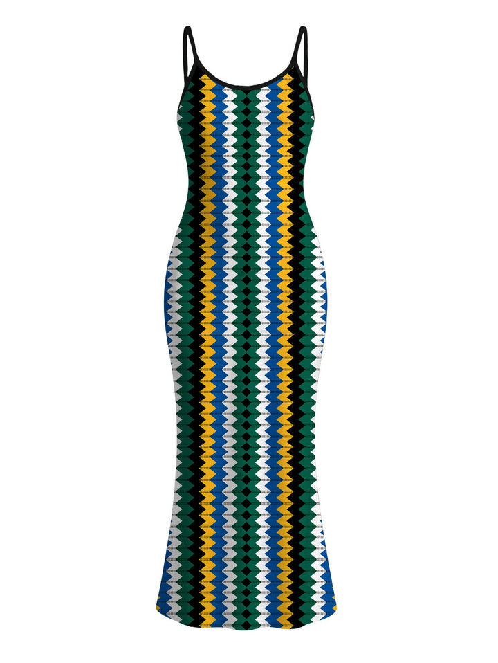 Colorblock Zig Zag Print Bodycon Mermaid Maxi Hawaiian Vacation Dress