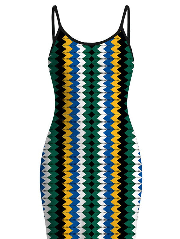 Colorblock Zig Zag Print Bodycon Mermaid Maxi Hawaiian Vacation Dress