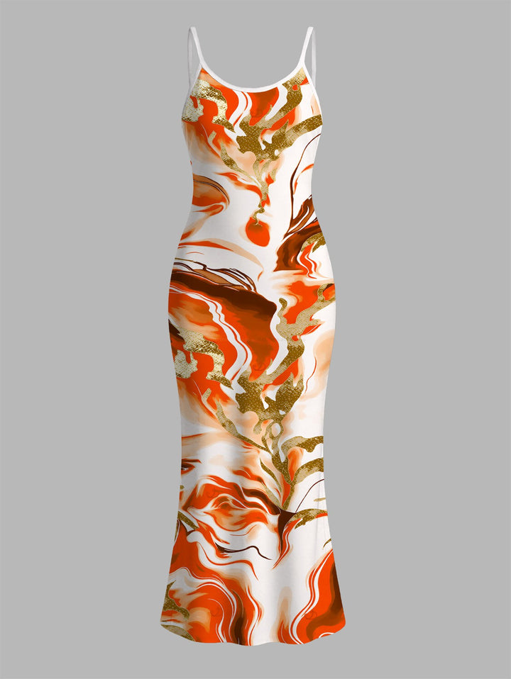 Marble Fluid Swirl Tie Dye Print Bodycon Mermaid Maxi Vacation Dress