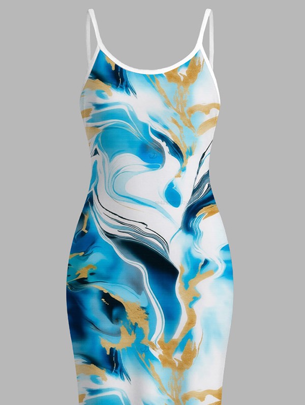 Marble Fluid Swirl Tie Dye Print Bodycon Mermaid Maxi Vacation Dress