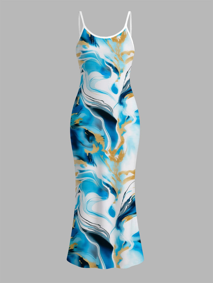 Marble Fluid Swirl Tie Dye Print Bodycon Mermaid Maxi Vacation Dress