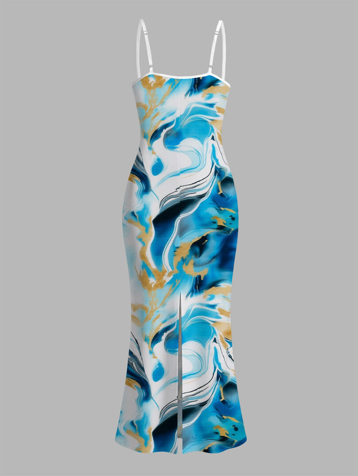 Marble Fluid Swirl Tie Dye Print Bodycon Mermaid Maxi Vacation Dress