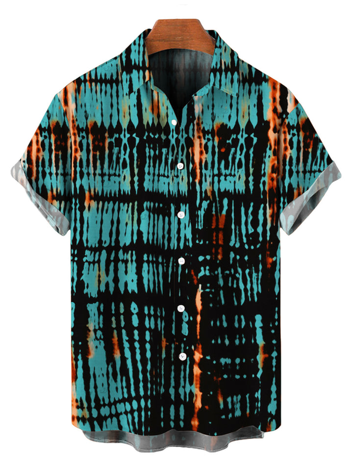 Men's Vertical Stripe Tie Dye Abstract Print Button Up Hawaiian Vacation Shirt