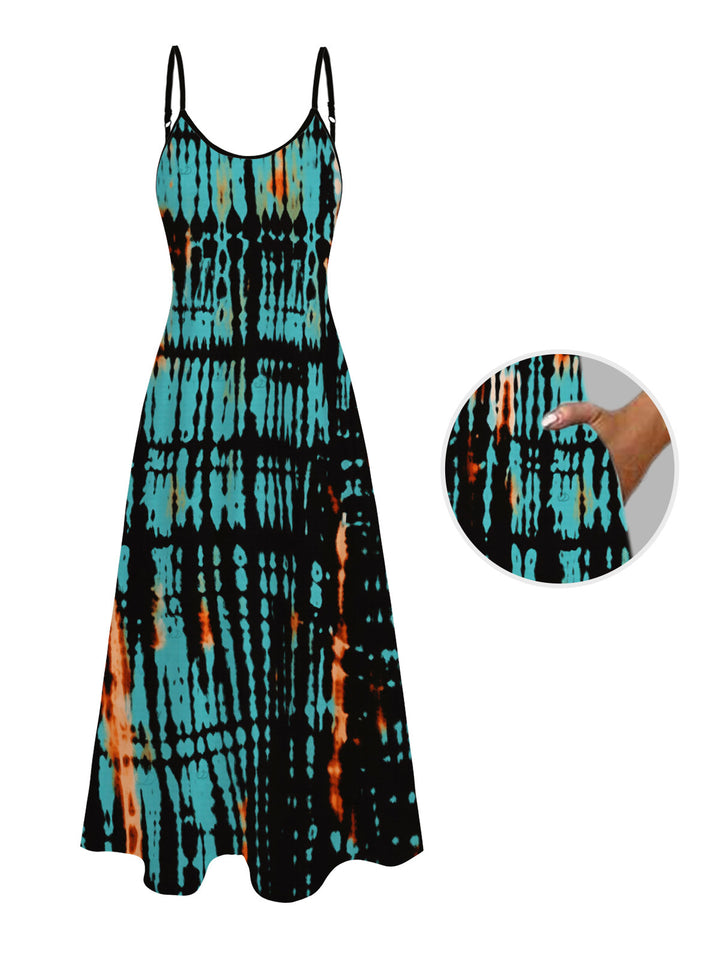 Vertical Stripe Tie Dye Abstract Print Pocket Spaghetti Strap Midi Hawaiian Vacation Dress