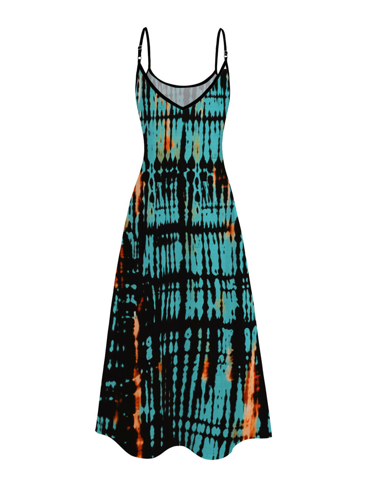 Vertical Stripe Tie Dye Abstract Print Pocket Spaghetti Strap Midi Hawaiian Vacation Dress