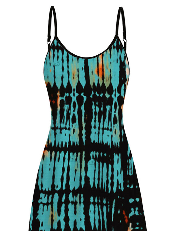 Vertical Stripe Tie Dye Abstract Print Pocket Spaghetti Strap Midi Hawaiian Vacation Dress