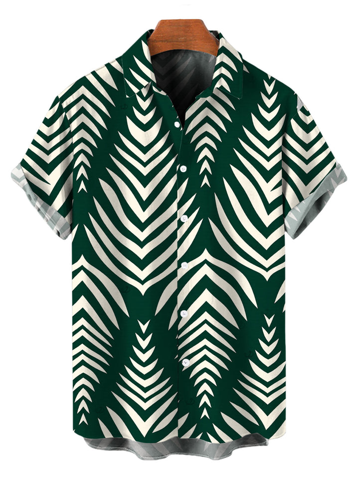 Men's Serrated Palm Leaf Geometric Print Button Up Beach Vacation Shirt