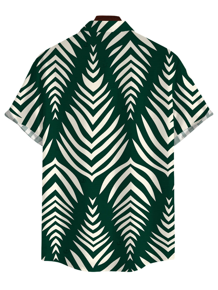 Men's Serrated Palm Leaf Geometric Print Button Up Beach Vacation Shirt