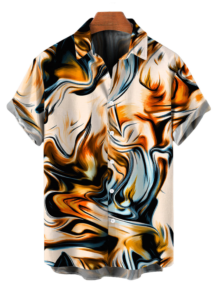 Men's Metallic Gold Fluid Marble Print Button Up Vacation Shirt