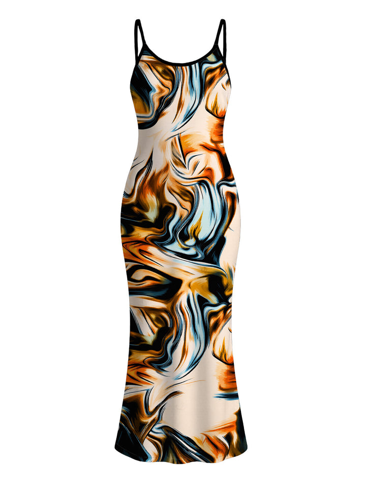 Metallic Gold Fluid Marble Print Spaghetti Strap Maxi Bodycon Vacation Dress