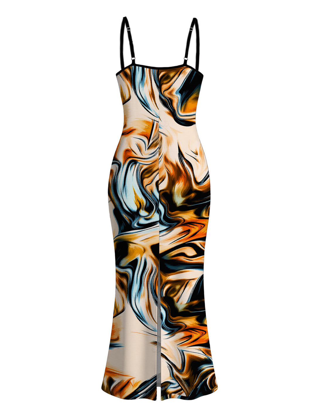 Metallic Gold Fluid Marble Print Spaghetti Strap Maxi Bodycon Vacation Dress