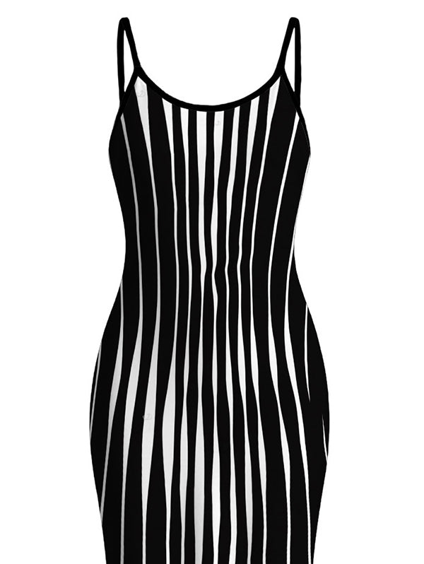Distorted Vertical Wavy Stripe Print Spaghetti Strap Maxi Bodycon Dress