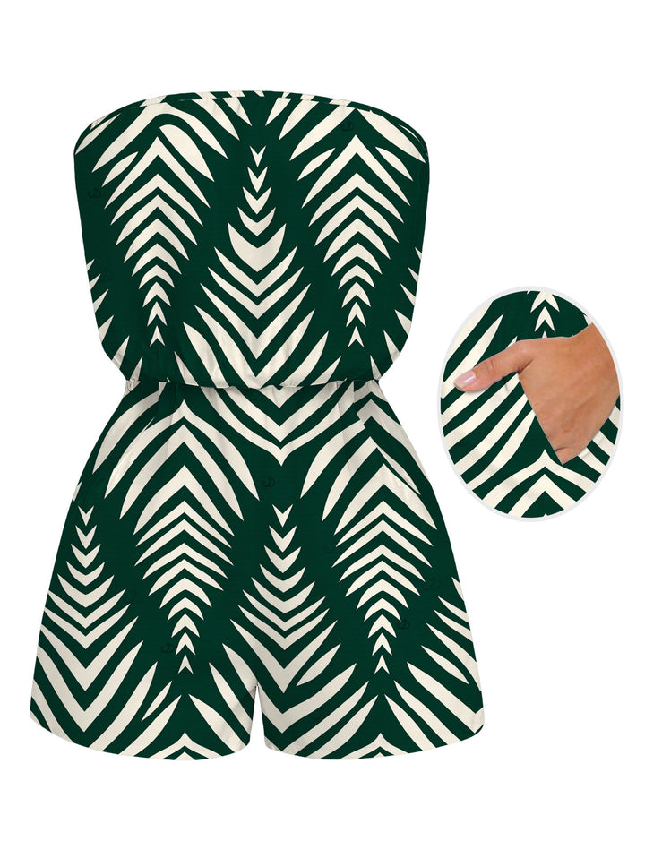 Serrated Palm Leaf Geometric Print Pocket Off the Shoulder Beach Vacation Romper