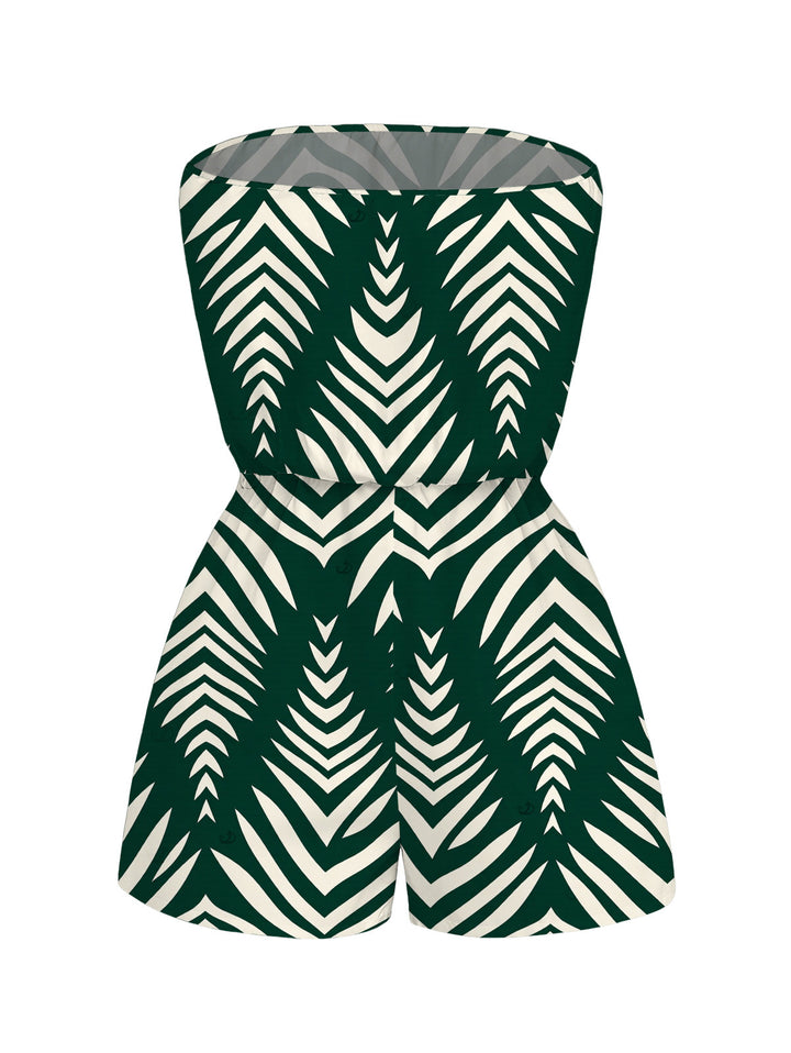 Serrated Palm Leaf Geometric Print Pocket Off the Shoulder Beach Vacation Romper
