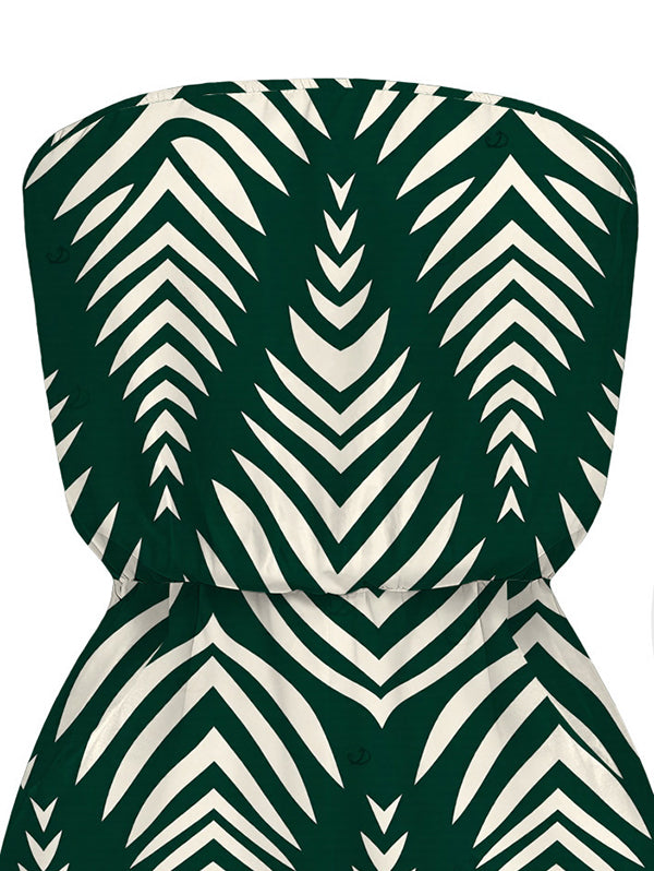 Serrated Palm Leaf Geometric Print Pocket Off the Shoulder Beach Vacation Romper
