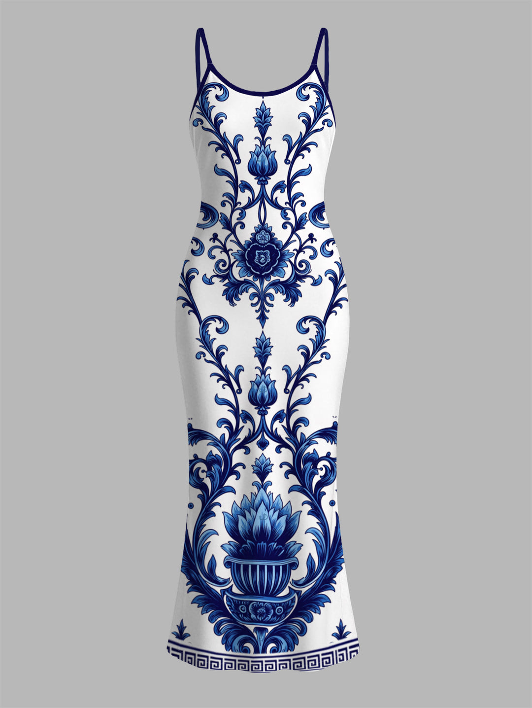 Porcelain Lotus Floral Print Spaghetti Strap Maxi Bodycon Vacation Dress