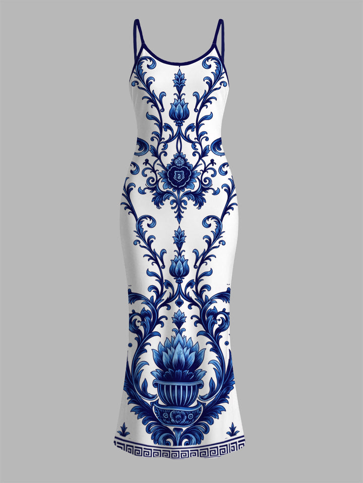 Porcelain Lotus Floral Print Spaghetti Strap Maxi Bodycon Vacation Dress